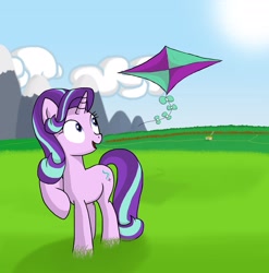 Size: 2480x2508 | Tagged: artist needed, source needed, safe, starlight glimmer, pony, unicorn, g4, cloud, female, grass, horn, kite, kite flying, mare, mountain, mountain range, solo, sun