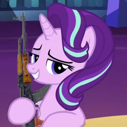 Size: 564x567 | Tagged: safe, edit, edited screencap, screencap, starlight glimmer, pony, unicorn, g4, assault rifle, cropped, episode needed, gun, horn, rifle, this will end in communism, twilight's castle, weapon