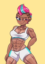 Size: 1240x1754 | Tagged: safe, artist:jully-park, zipp storm, human, g5, abs, belly, belly button, breasts, dark skin, female, humanized, looking at you, midriff, muscles, muscular female, one eye closed, ripped zipp, simple background, solo, tan lines, tanning, wink, winking at you, yellow background