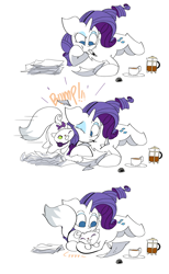 Size: 2954x4800 | Tagged: source needed, safe, artist:ponny, opalescence, rarity, cat, pony, unicorn, g4, bump, coffee, coffee cup, colored, cuddling, cup, drawthread, duo, eyes closed, horn, looking down, paper, pet, purring, request, requested art, simple background, text, white background