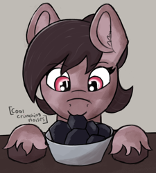 Size: 1254x1395 | Tagged: safe, anonymous artist, oc, oc only, oc:number nine, earth pony, pony, :3, bowl, bust, coal, cute, ear fluff, eating, eating coal, female, hooves on the table, mare, portrait, solo, table, text, unshorn fetlocks