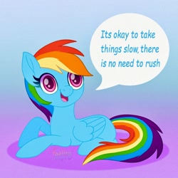 Size: 1500x1500 | Tagged: safe, artist:faelingmagic, rainbow dash, pegasus, pony, g4, comma splice, female, gradient background, grammar error, mare, open mouth, positive message, positive ponies, solo, speech bubble