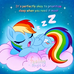 Size: 1500x1500 | Tagged: safe, artist:faelingmagic, rainbow dash, pegasus, pony, g4, cloud, cute, dashabetes, female, folded wings, go to sleep, lying down, mare, on a cloud, onomatopoeia, positive message, positive ponies, prone, sleeping, sleeping on a cloud, snoring, solo, sound effects, watermark, wings, zzz