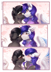 Size: 2480x3508 | Tagged: safe, artist:fenwaru, oc, oc:obsidian limelight, oc:phantom gale, crystal pony, pegasus, unicorn, blushing, boop, horn, kissing, noseboop