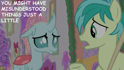 Size: 2000x1125 | Tagged: safe, edit, edited screencap, editor:quoterific, screencap, ocellus, sandbar, changedling, changeling, earth pony, goo, pony, g4, my little pony: friendship is magic, season 8, the hearth's warming club, christmas, christmas tree, duo, duo male and female, female, holiday, male, mop, school of friendship, tree