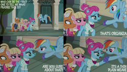 Size: 2000x1125 | Tagged: safe, edit, edited screencap, editor:quoterific, screencap, bleeding heart, blue bobbin, rainbow dash, starke kragen, pony, g4, season 6, the saddle row review, female, manehattan, mare