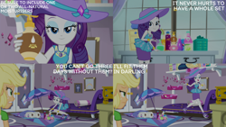 Size: 2000x1125 | Tagged: safe, edit, edited screencap, editor:quoterific, screencap, applejack, rarity, human, camping must-haves, equestria girls, g4, my little pony equestria girls: better together, duo, duo female, female, hat, lotion, rarity peplum dress, sun hat, umbrella, window