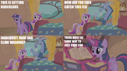 Size: 2000x1124 | Tagged: safe, edit, edited screencap, editor:quoterific, screencap, discord, princess cadance, twilight sparkle, alicorn, draconequus, pony, g4, season 4, three's a crowd, bed, blue flu, book, female, golden oaks library, magic, magic aura, male, mare, telekinesis, trio, twilight sparkle (alicorn)