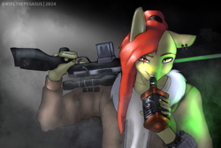 Size: 1920x1280 | Tagged: safe, artist:endelthepegasus, oc, oc only, oc:zeleniy, anthro, fallout equestria, alcohol, clothes, ear piercing, gun, looking at you, male, one ear down, piercing, pipbuck, rifle, smiling, smiling at you, solo, weapon, whiskey