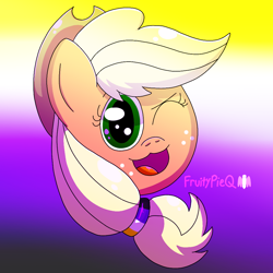 Size: 1000x1000 | Tagged: safe, artist:fruiitypieq, applejack, earth pony, pony, g4, applejack's hat, cowboy hat, female, hat, head only, looking at you, mare, nonbinary, nonbinary pride flag, one eye closed, open mouth, pride, pride flag, wink, winking at you