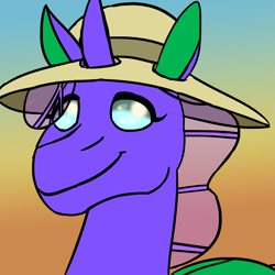 Size: 1200x1200 | Tagged: safe, artist:azurllinate, oc, oc only, oc:ocelia, changedling, changeling, g4, 2024, blue eyes, changeling oc, eyelashes, female, gradient background, hat, horn, icon, looking at you, purple body, purple mane, smiling, smiling at you, solo, sun hat