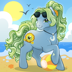 Size: 2400x2400 | Tagged: safe, artist:sparkytopia, august breeze, pony, g3, bangs, beach, beach ball, blue coat, cute, female, freckles, green eyes, green mane, jewel birthday ponies, jewelry, looking at you, mare, necklace, outdoors, ponytail, scrunchie, signature, smiling, solo, sunglasses, sunglasses on head, wingding eyes