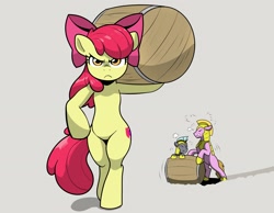 Size: 3034x2356 | Tagged: safe, artist:cyanrobo, apple bloom, earth pony, pony, g4, barrel, bipedal, carrying, determined, female, filly, foal, frown, gray background, male, royal guard, simple background, stallion, strong, struggling, the cmc's cutie marks