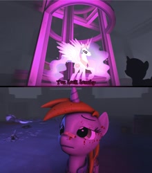 Size: 951x1080 | Tagged: safe, artist:candyapple512, princess celestia, oc, oc:littlepip, pegasus, unicorn, fallout equestria, g4, 3d, blade runner 2049, blood, clothes, dialogue, fanfic art, horn, jumpsuit, meme, source filmmaker, vault suit, you look lonely