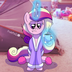 Size: 1000x1000 | Tagged: safe, artist:fruiitypieq, princess cadance, alicorn, pony, g4, bathrobe, clothes, coffee, coffee mug, female, magic, magic aura, mare, mug, robe, solo, telekinesis, tired