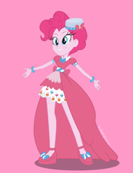 Size: 2350x3058 | Tagged: safe, artist:nightglowfan, pinkie pie, human, equestria girls, g4, clothes, cute, diapinkes, dress, female, gala dress, grin, hat, pink background, pinkie pie's first gala dress, shoes, simple background, slender, smiling, solo, thin