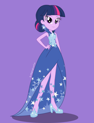 Size: 2350x3058 | Tagged: safe, artist:nightglowfan, twilight sparkle, human, equestria girls, g4, bare shoulders, clothes, cute, dress, ear piercing, earring, female, gala dress, hair bun, hand on hip, high heels, jewelry, piercing, purple background, shoes, simple background, slender, smiling, solo, thin, twiabetes, twilight sparkle's first gala dress