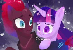 Size: 2360x1640 | Tagged: safe, artist:emmaqian, tempest shadow, twilight sparkle, alicorn, pony, unicorn, g4, abstract background, duo, duo female, female, frown, heart, horn, mare, twilight sparkle (alicorn)