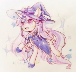 Size: 2105x2000 | Tagged: safe, artist:orchidlanlan738, oc, oc only, pony, unicorn, cloak, clothes, cute, female, hat, horn, mare, ocbetes, open mouth, open smile, pink eyes, smiling, solo, traditional art, witch hat