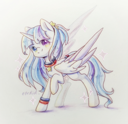 Size: 2068x2000 | Tagged: safe, artist:orchidlanlan738, oc, oc only, pegasus, pony, blue mane, blue tail, cute, ocbetes, raised hoof, smiling, solo, tail, traditional art, white coat