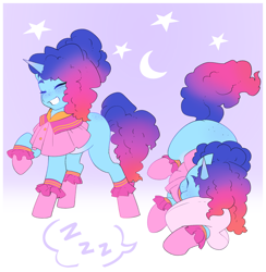 Size: 2001x2048 | Tagged: safe, artist:aztrial, misty brightdawn, pony, unicorn, g5, my little pony: tell your tale, sleepover!!, clothes, eyes closed, gradient background, horn, onomatopoeia, pillow, sleeping, socks, solo, sound effects, zzz