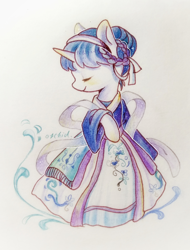 Size: 2000x2636 | Tagged: safe, artist:orchidlanlan738, oc, oc only, unicorn, semi-anthro, blue hair, clothes, cute, dress, eyes closed, female, horn, mare, solo, traditional art, white coat