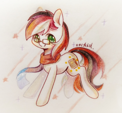 Size: 2152x2000 | Tagged: safe, artist:orchidlanlan738, oc, oc only, earth pony, pony, cute, green eyes, multicolored hair, multicolored tail, red mane, smiling, solo, tail, traditional art, white coat