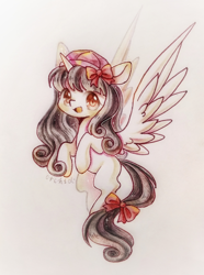 Size: 2000x2690 | Tagged: safe, artist:orchidlanlan738, oc, oc only, pegasus, pony, brown hair, brown mane, brown tail, cute, hat, open mouth, open smile, smiling, solo, tail, tan coat, traditional art