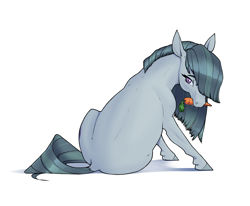 Size: 3280x2700 | Tagged: safe, artist:aquaticvibes, marble pie, earth pony, pony, g4, carrot, female, food, herbivore, hoers, looking at you, looking back, looking back at you, mare, mouth hold, rectangular pupil, simple background, sitting, solo, white background