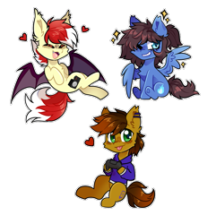 Size: 869x900 | Tagged: safe, artist:star-theft, oc, oc only, oc:aaaaaaaaaaa, oc:bizarre song, oc:twitchyylive, bat pony, earth pony, pegasus, pony, bat pony oc, earth pony oc, pegasus oc, simple background, speedpaint available, transparent background, trio