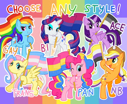 Size: 1280x1043 | Tagged: safe, artist:zphal, applejack, fluttershy, pinkie pie, rainbow dash, rarity, twilight sparkle, alicorn, earth pony, pegasus, pony, unicorn, g4, alternate color palette, alternate mane color, alternate tail color, asexual pride flag, bipedal, bisexual pride flag, deviantart watermark, female, gay pride flag, headcanon, hoof hold, horn, lgbt, mane six, mare, nonbinary pride flag, obtrusive watermark, pansexual pride flag, pride, pride flag, rainbow background, raised leg, sexuality headcanon, smiling, standing on three hooves, trans fluttershy, transgender, transgender pride flag, twilight sparkle (alicorn), watermark