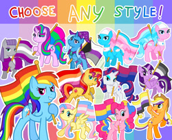 Size: 1280x1043 | Tagged: safe, artist:zphal, aloe, applejack, fluttershy, lotus blossom, maud pie, pinkie pie, rainbow dash, rarity, starlight glimmer, sunset shimmer, trixie, twilight sparkle, alicorn, earth pony, pegasus, pony, unicorn, g4, alternate color palette, alternate mane color, alternate tail color, asexual pride flag, bisexual pride flag, cape, clothes, demisexual pride flag, deviantart watermark, female, gay pride flag, greyasexual pride flag, hat, horn, lesbian pride flag, lgbt, mane six, mare, nonbinary pride flag, obtrusive watermark, pansexual pride flag, polysexual pride flag, pride, pride flag, trans fluttershy, transfeminine pride flag, transgender, transgender pride flag, transmasculine pride flag, trixie's cape, trixie's hat, twilight sparkle (alicorn), watermark