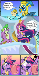 Size: 1200x2338 | Tagged: safe, artist:c0smicriff, gallus, spike, twilight sparkle, alicorn, dragon, griffon, pony, comic:a screwy reunion, g4, the last problem, comic, female, gigachad spike, male, mare, older, older spike, older twilight, older twilight sparkle (alicorn), princess twilight 2.0, royal guard, royal guard gallus, twilight sparkle (alicorn), winged spike, wings