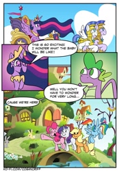 Size: 780x1122 | Tagged: safe, artist:c0smicriff, applejack, pinkie pie, rainbow dash, rarity, spike, twilight sparkle, alicorn, dragon, pegasus, rabbit, unicorn, comic:a screwy reunion, g4, animal, comic, female, fluttershy's cottage, gigachad spike, horn, male, mare, older, older spike, older twilight, older twilight sparkle (alicorn), princess twilight 2.0, royal guard, stallion, twilight sparkle (alicorn), winged spike, wings