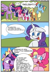 Size: 780x1122 | Tagged: safe, artist:c0smicriff, applejack, pinkie pie, rainbow dash, rarity, twilight sparkle, alicorn, earth pony, pegasus, pony, unicorn, comic:a screwy reunion, g4, comic, female, horn, mare, older, older twilight, older twilight sparkle (alicorn), princess twilight 2.0, twilight sparkle (alicorn)