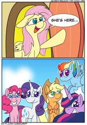 Size: 780x1122 | Tagged: safe, artist:c0smicriff, applejack, fluttershy, pinkie pie, rainbow dash, rarity, twilight sparkle, alicorn, earth pony, pegasus, pony, unicorn, comic:a screwy reunion, g4, comic, female, horn, mare, older, older twilight, older twilight sparkle (alicorn), princess twilight 2.0, twilight sparkle (alicorn)