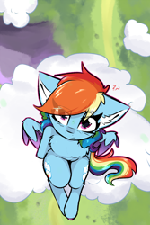 Size: 2000x3000 | Tagged: safe, artist:jubyskylines, rainbow dash, pegasus, pony, g4, chest fluff, cloud, eye clipping through hair, female, high angle, human shoulders, looking at you, looking up, looking up at you, mare, multicolored hair, on a cloud, question mark, rainbow hair, sitting, sitting on a cloud, solo