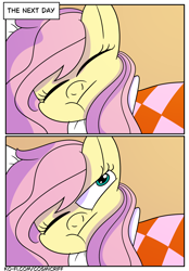 Size: 1640x2360 | Tagged: safe, artist:c0smicriff, fluttershy, pegasus, pony, comic:a screwy reunion, g4, bed, comic, female, mare, solo, waking up