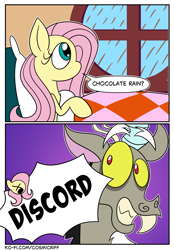 Size: 1640x2360 | Tagged: safe, artist:c0smicriff, discord, fluttershy, draconequus, pegasus, pony, comic:a screwy reunion, g4, bed, chocolate, chocolate rain, comic, discord being discord, duo, duo male and female, female, food, ko-fi, male, mare, rain, window, yelling