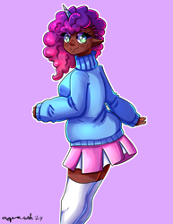 Size: 2550x3300 | Tagged: safe, artist:mylittleyuri, misty brightdawn, human, unicorn, g5, 2d, african american, clothes, coat, cornrows, curly hair, dark skin, elf ears, female, freckles, horn, horned humanization, humanized, long sleeves, skirt, smiling, socks, solo, sweater, thigh highs