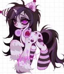 Size: 1757x2047 | Tagged: safe, artist:p0nyplanet, oc, oc only, pony, adoptable, clothes, female, full body, headphones, magenta eyes, mare, pink coat, raised hoof, socks, solo, spotted, striped socks