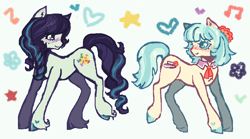 Size: 850x472 | Tagged: safe, artist:junniepiepoopop, coco pommel, coloratura, earth pony, pony, g4, bangs, belly fluff, blue coat, blue eyelashes, blue eyes, blue hooves, blue pupils, blush scribble, blushing, bobcut, braid, braided ponytail, colored eyelashes, colored hooves, colored pupils, concave belly, cream coat, duo, duo female, ear blush, ear fluff, eye clipping through hair, eyelashes, female, fetlock tuft, floating heart, flower, flower in hair, heart, heart mark, hooves, lesbian, light blue coat, long mane, long tail, looking at each other, looking at someone, mare, music notes, pixel-crisp art, ponytail, profile, purple blush, purple eyelashes, purple pupils, raised leg, sailor collar, shiny hooves, shiny mane, shiny tail, ship:cocotura, shipping, short hair, simple background, slender, smiling, smiling at each other, standing on three hooves, stars, striped mane, striped tail, tail, teal hooves, thin, thin legs, three toned mane, three toned tail, tied mane, two toned mane, two toned tail, wall of tags, wavy tail, white background