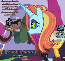 Size: 1101x1042 | Tagged: safe, artist:stopthedab10, edit, edited screencap, screencap, sassy saddles, pony, snake, unicorn, canterlot boutique, g4, my little pony: friendship is magic, duo, eyeshadow, female, horn, hypno eyes, hypnosis, hypnotized, kaa, kaa eyes, looking at each other, looking at someone, makeup, male, mare, smiling, smiling at each other, snake tail, story included, tail