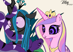 Size: 1063x752 | Tagged: safe, artist:lilly41944, princess cadance, queen chrysalis, alicorn, changeling, changeling queen, pony, snake, g4, coils, crown, female, gritted teeth, hypno eyes, hypnosis, hypnotized, jewelry, kaa eyes, mare, regalia, smiling, teeth, trio