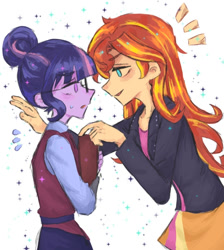 Size: 904x1008 | Tagged: safe, artist:xinjinjumin7426699, sci-twi, sunset shimmer, twilight sparkle, human, equestria girls, g4, duo, duo female, female, lesbian, ship:sci-twishimmer, ship:sunsetsparkle, shipping, simple background, white background