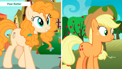 Size: 1192x670 | Tagged: safe, edit, edited screencap, screencap, applejack, pear butter, earth pony, pony, g4, grannies gone wild, the perfect pear, apple, apple tree, applejack's hat, cowboy hat, duo, duo female, episode needed, female, hat, mother and child, mother and daughter, tree