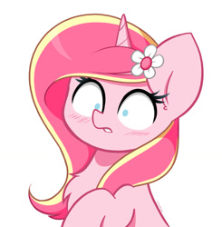 Size: 1280x1306 | Tagged: safe, artist:kittyrosie, oc, oc only, oc:rosa flame, pony, unicorn, blushing, female, flower, flower in hair, horn, mare, shrunken pupils, simple background, unicorn oc, white background