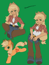 Size: 3072x4096 | Tagged: safe, artist:metaruscarlet, applejack, earth pony, human, pony, g4, applejack's hat, clothes, cowboy hat, cowgirl, cowgirl outfit, freckles, green background, green eyes, grin, hat, humanized, looking at you, raised hoof, rope, simple background, smiling, straw in mouth