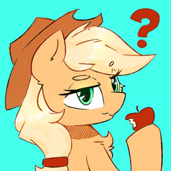 Size: 1000x1000 | Tagged: safe, artist:morningbullet, applejack, earth pony, pony, g4, apple, eating, female, food, hat, mare, question mark, simple background, solo