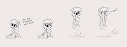 Size: 1861x700 | Tagged: safe, artist:algoatall, noi, earth pony, human, pony, g4, ball, black and white, comic, cute, female, filly, foal, grayscale, holding a pony, monochrome, not pregnant, png, ponerpics import, twibooru import